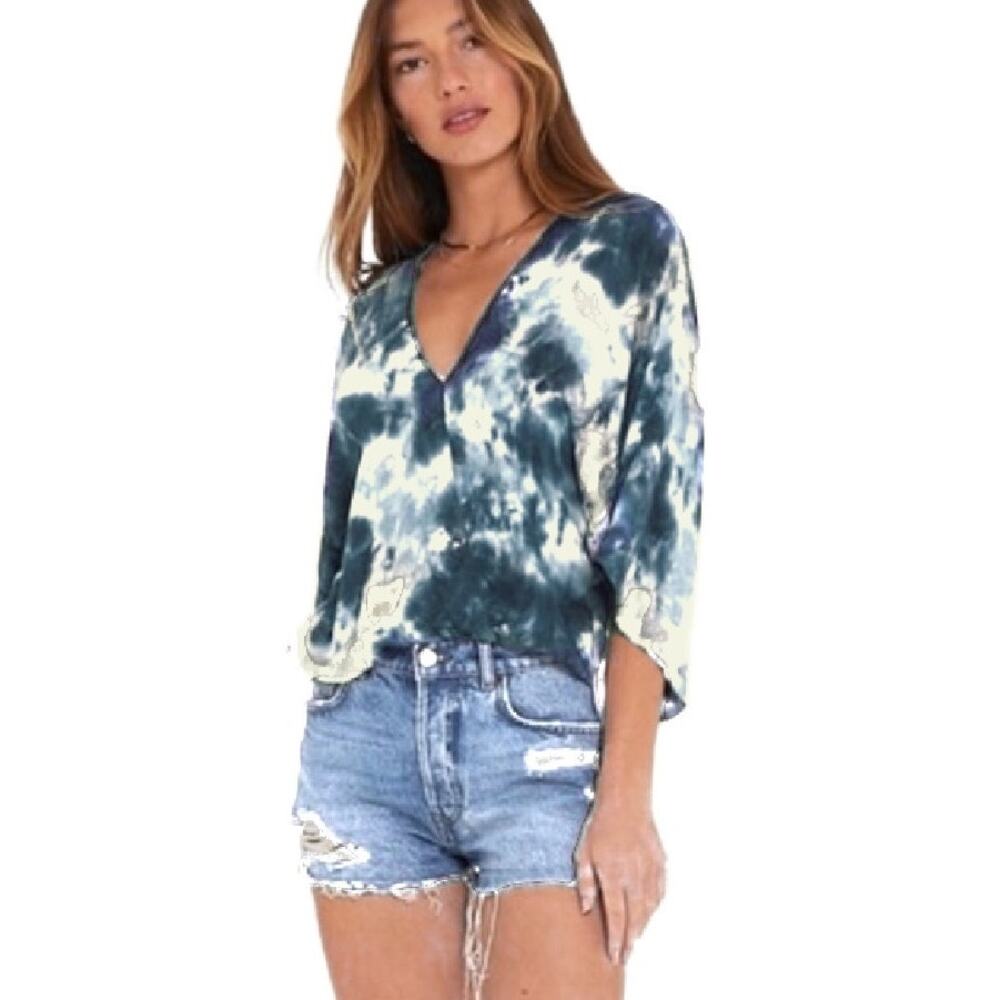 YOUNG FABULOUS & BROKE Tia Tie Tie Dye Kimono Blouson Top Navy Cream Oversized